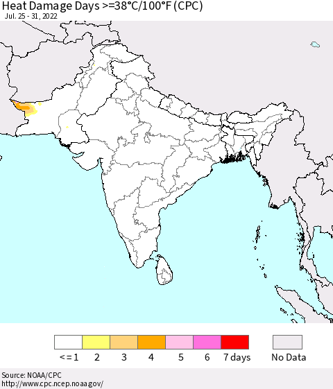 Southern Asia Heat Damage Days >=38°C/100°F (CPC) Thematic Map For 7/25/2022 - 7/31/2022