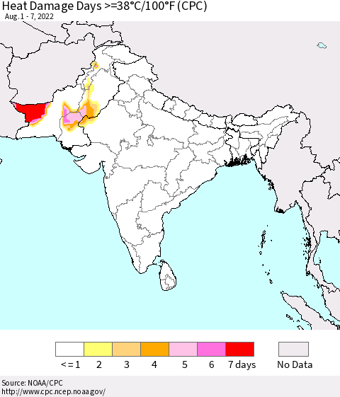 Southern Asia Heat Damage Days >=38°C/100°F (CPC) Thematic Map For 8/1/2022 - 8/7/2022