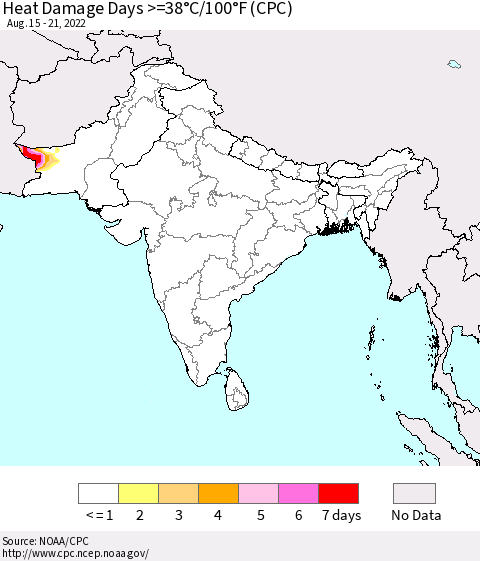Southern Asia Heat Damage Days >=38°C/100°F (CPC) Thematic Map For 8/15/2022 - 8/21/2022