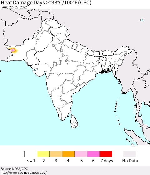 Southern Asia Heat Damage Days >=38°C/100°F (CPC) Thematic Map For 8/22/2022 - 8/28/2022