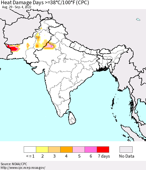 Southern Asia Heat Damage Days >=38°C/100°F (CPC) Thematic Map For 8/29/2022 - 9/4/2022