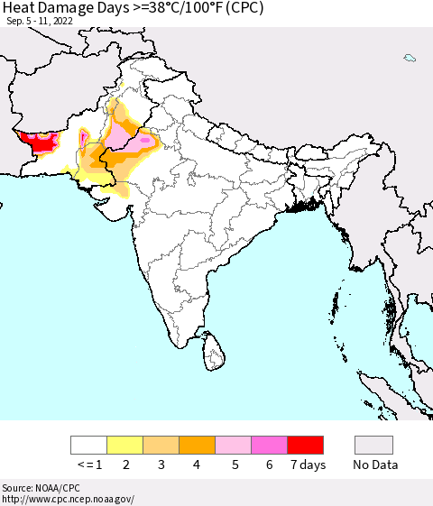 Southern Asia Heat Damage Days >=38°C/100°F (CPC) Thematic Map For 9/5/2022 - 9/11/2022