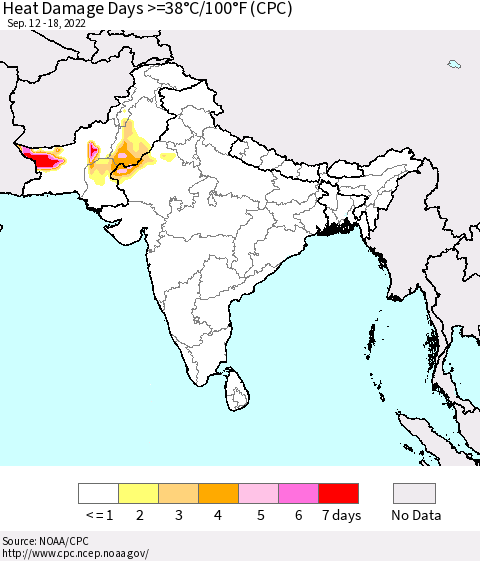 Southern Asia Heat Damage Days >=38°C/100°F (CPC) Thematic Map For 9/12/2022 - 9/18/2022