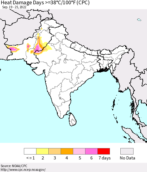 Southern Asia Heat Damage Days >=38°C/100°F (CPC) Thematic Map For 9/19/2022 - 9/25/2022