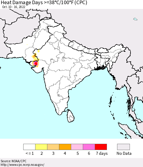 Southern Asia Heat Damage Days >=38°C/100°F (CPC) Thematic Map For 10/10/2022 - 10/16/2022