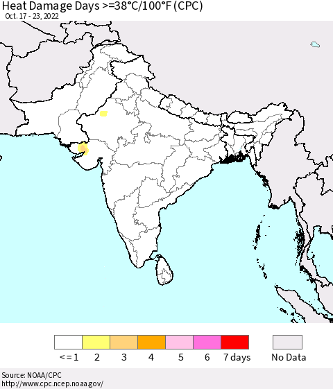 Southern Asia Heat Damage Days >=38°C/100°F (CPC) Thematic Map For 10/17/2022 - 10/23/2022