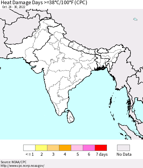 Southern Asia Heat Damage Days >=38°C/100°F (CPC) Thematic Map For 10/24/2022 - 10/30/2022