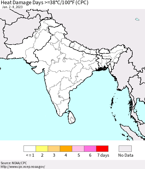 Southern Asia Heat Damage Days >=38°C/100°F (CPC) Thematic Map For 1/2/2023 - 1/8/2023