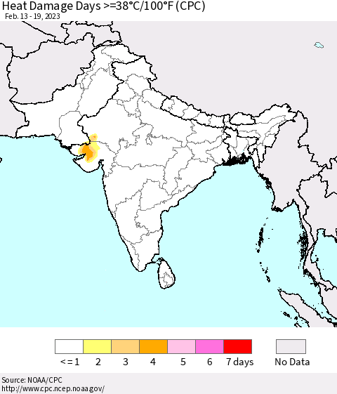 Southern Asia Heat Damage Days >=38°C/100°F (CPC) Thematic Map For 2/13/2023 - 2/19/2023