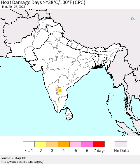 Southern Asia Heat Damage Days >=38°C/100°F (CPC) Thematic Map For 3/20/2023 - 3/26/2023