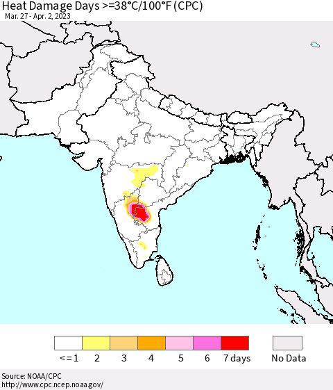 Southern Asia Heat Damage Days >=38°C/100°F (CPC) Thematic Map For 3/27/2023 - 4/2/2023