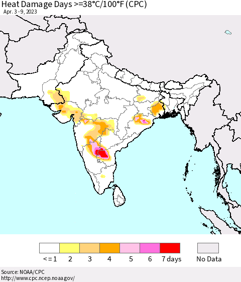 Southern Asia Heat Damage Days >=38°C/100°F (CPC) Thematic Map For 4/3/2023 - 4/9/2023
