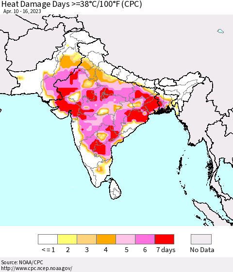 Southern Asia Heat Damage Days >=38°C/100°F (CPC) Thematic Map For 4/10/2023 - 4/16/2023