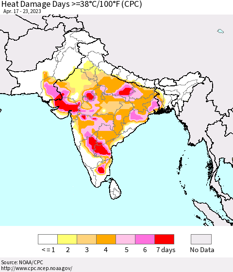 Southern Asia Heat Damage Days >=38°C/100°F (CPC) Thematic Map For 4/17/2023 - 4/23/2023