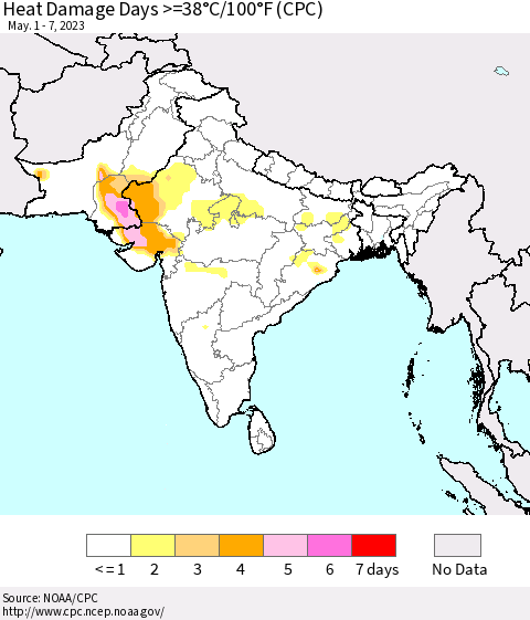 Southern Asia Heat Damage Days >=38°C/100°F (CPC) Thematic Map For 5/1/2023 - 5/7/2023