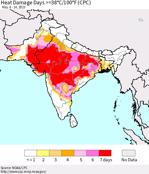Southern Asia Heat Damage Days >=38°C/100°F (CPC) Thematic Map For 5/8/2023 - 5/14/2023