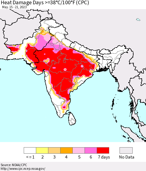 Southern Asia Heat Damage Days >=38°C/100°F (CPC) Thematic Map For 5/15/2023 - 5/21/2023