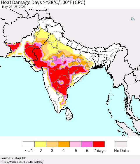 Southern Asia Heat Damage Days >=38°C/100°F (CPC) Thematic Map For 5/22/2023 - 5/28/2023