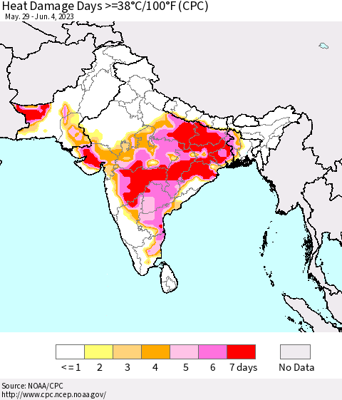 Southern Asia Heat Damage Days >=38°C/100°F (CPC) Thematic Map For 5/29/2023 - 6/4/2023