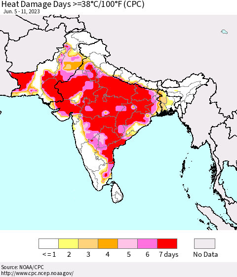 Southern Asia Heat Damage Days >=38°C/100°F (CPC) Thematic Map For 6/5/2023 - 6/11/2023