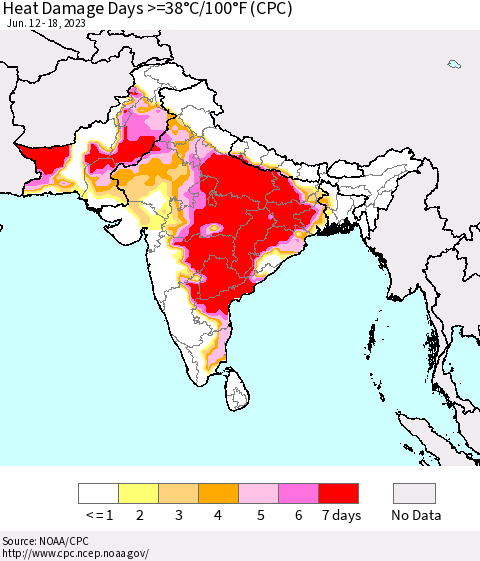 Southern Asia Heat Damage Days >=38°C/100°F (CPC) Thematic Map For 6/12/2023 - 6/18/2023