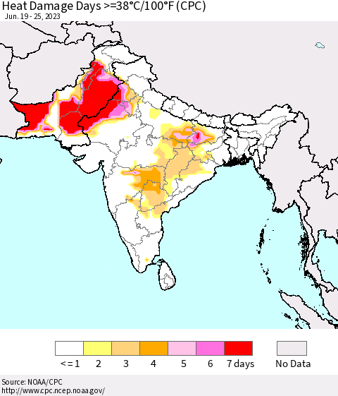 Southern Asia Heat Damage Days >=38°C/100°F (CPC) Thematic Map For 6/19/2023 - 6/25/2023