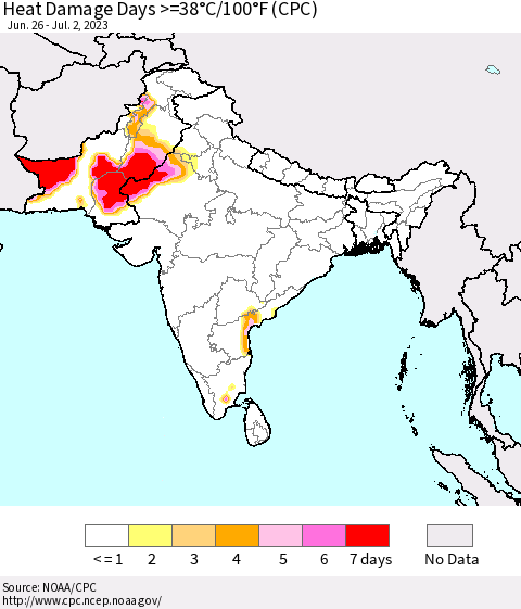 Southern Asia Heat Damage Days >=38°C/100°F (CPC) Thematic Map For 6/26/2023 - 7/2/2023