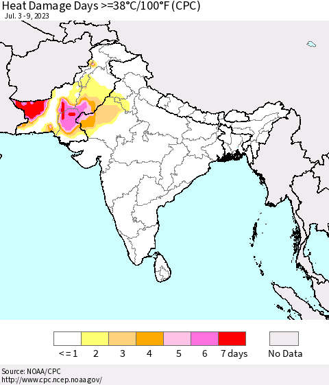 Southern Asia Heat Damage Days >=38°C/100°F (CPC) Thematic Map For 7/3/2023 - 7/9/2023