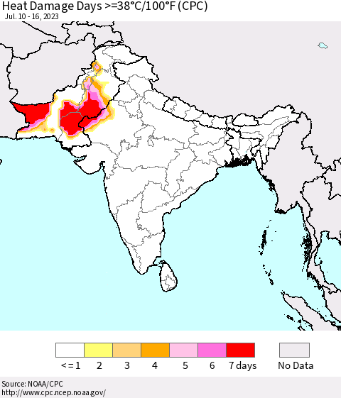 Southern Asia Heat Damage Days >=38°C/100°F (CPC) Thematic Map For 7/10/2023 - 7/16/2023