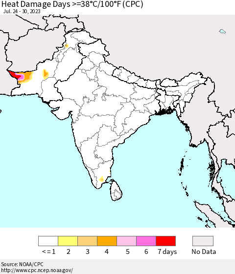 Southern Asia Heat Damage Days >=38°C/100°F (CPC) Thematic Map For 7/24/2023 - 7/30/2023