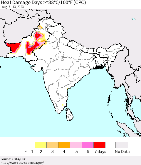 Southern Asia Heat Damage Days >=38°C/100°F (CPC) Thematic Map For 8/7/2023 - 8/13/2023