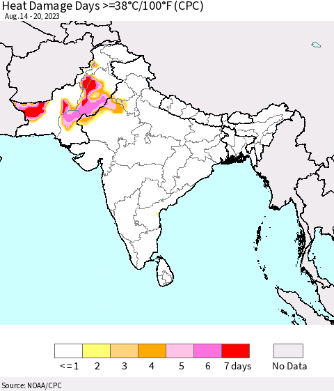 Southern Asia Heat Damage Days >=38°C/100°F (CPC) Thematic Map For 8/14/2023 - 8/20/2023
