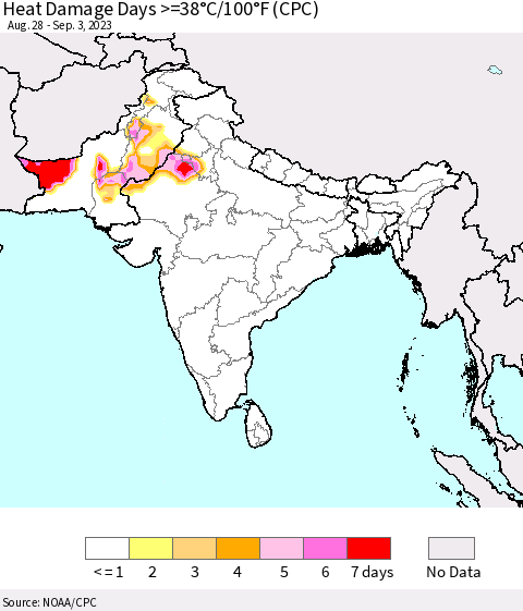 Southern Asia Heat Damage Days >=38°C/100°F (CPC) Thematic Map For 8/28/2023 - 9/3/2023