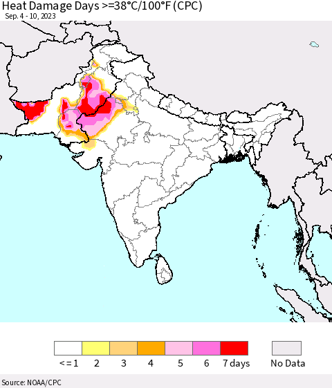 Southern Asia Heat Damage Days >=38°C/100°F (CPC) Thematic Map For 9/4/2023 - 9/10/2023