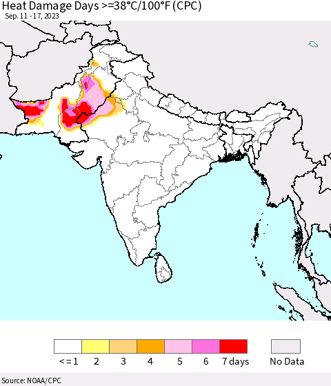 Southern Asia Heat Damage Days >=38°C/100°F (CPC) Thematic Map For 9/11/2023 - 9/17/2023