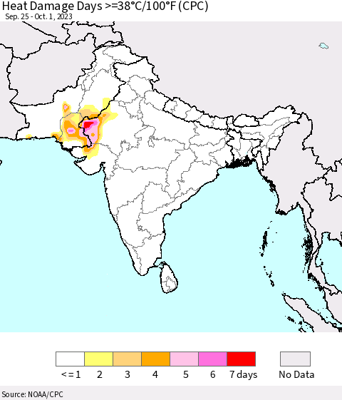 Southern Asia Heat Damage Days >=38°C/100°F (CPC) Thematic Map For 9/25/2023 - 10/1/2023