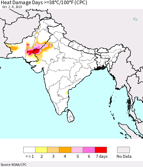 Southern Asia Heat Damage Days >=38°C/100°F (CPC) Thematic Map For 10/2/2023 - 10/8/2023