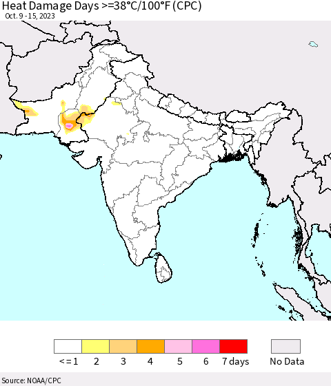Southern Asia Heat Damage Days >=38°C/100°F (CPC) Thematic Map For 10/9/2023 - 10/15/2023
