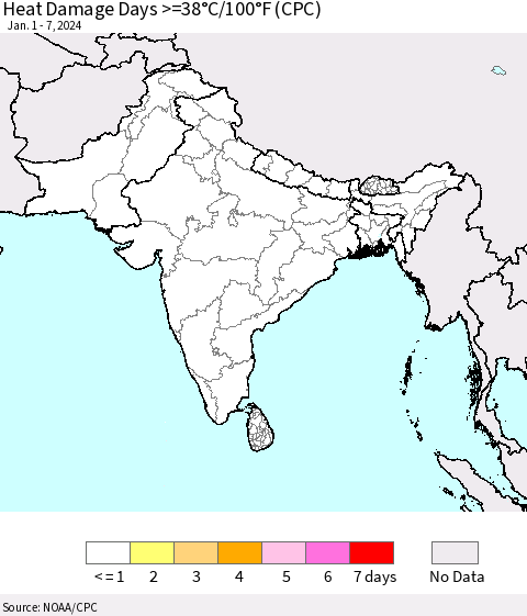 Southern Asia Heat Damage Days >=38°C/100°F (CPC) Thematic Map For 1/1/2024 - 1/7/2024