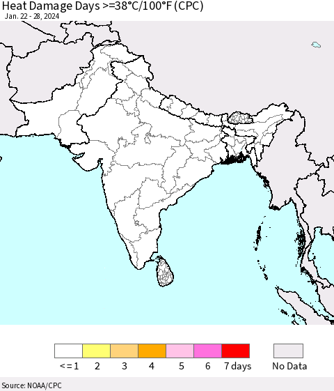 Southern Asia Heat Damage Days >=38°C/100°F (CPC) Thematic Map For 1/22/2024 - 1/28/2024