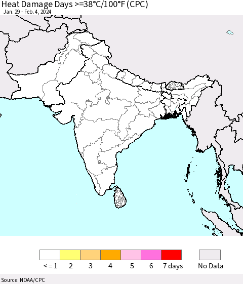 Southern Asia Heat Damage Days >=38°C/100°F (CPC) Thematic Map For 1/29/2024 - 2/4/2024
