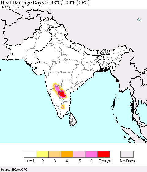 Southern Asia Heat Damage Days >=38°C/100°F (CPC) Thematic Map For 3/4/2024 - 3/10/2024