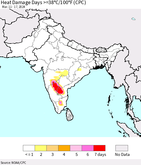 Southern Asia Heat Damage Days >=38°C/100°F (CPC) Thematic Map For 3/11/2024 - 3/17/2024
