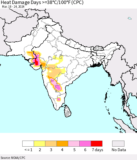 Southern Asia Heat Damage Days >=38°C/100°F (CPC) Thematic Map For 3/18/2024 - 3/24/2024