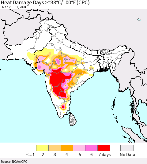 Southern Asia Heat Damage Days >=38°C/100°F (CPC) Thematic Map For 3/25/2024 - 3/31/2024