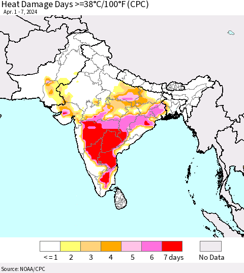 Southern Asia Heat Damage Days >=38°C/100°F (CPC) Thematic Map For 4/1/2024 - 4/7/2024