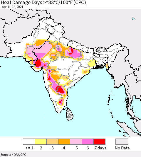 Southern Asia Heat Damage Days >=38°C/100°F (CPC) Thematic Map For 4/8/2024 - 4/14/2024