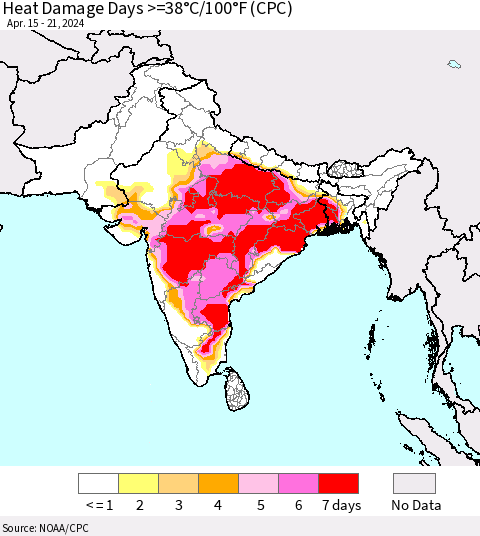 Southern Asia Heat Damage Days >=38°C/100°F (CPC) Thematic Map For 4/15/2024 - 4/21/2024