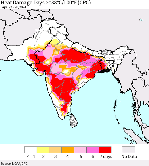 Southern Asia Heat Damage Days >=38°C/100°F (CPC) Thematic Map For 4/22/2024 - 4/28/2024