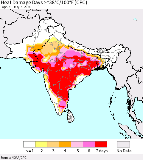 Southern Asia Heat Damage Days >=38°C/100°F (CPC) Thematic Map For 4/29/2024 - 5/5/2024